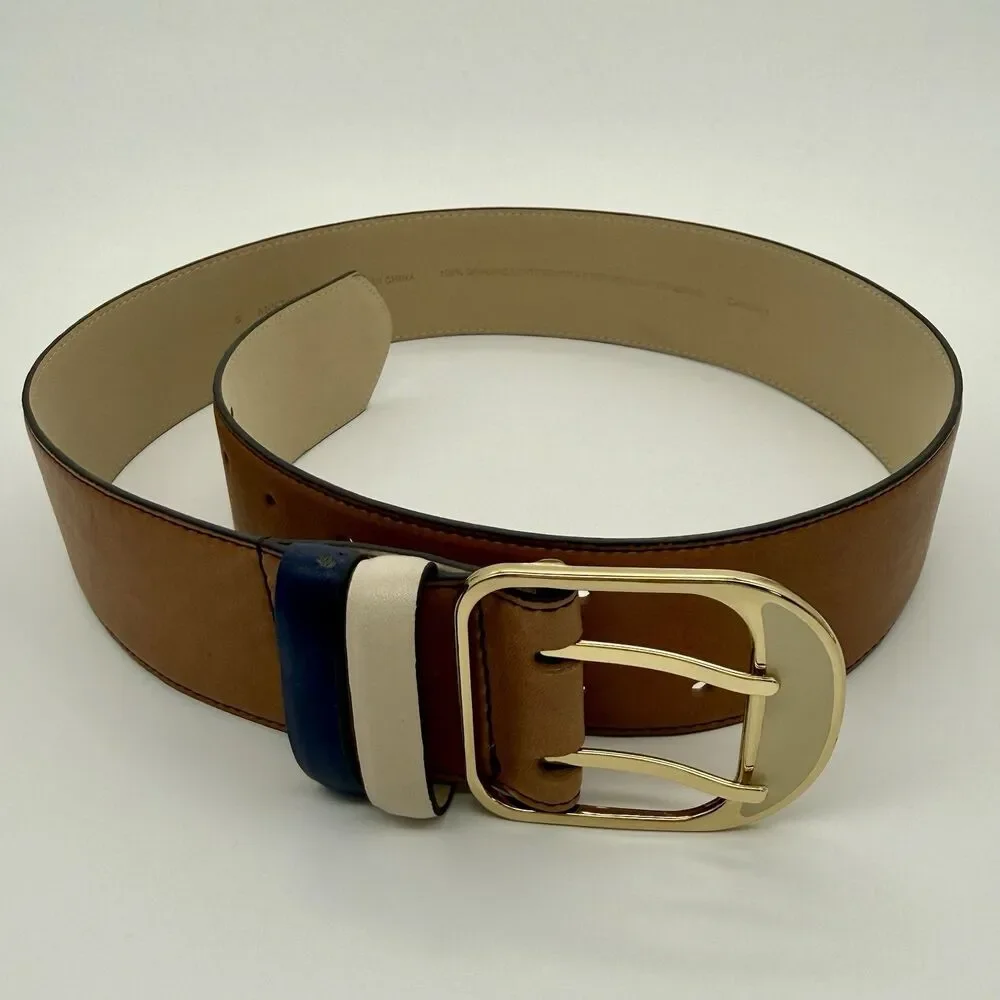 ANN TAYLOR Belt Women's S Brown Leather Blue Cream Double Gold Tone Buckle READ